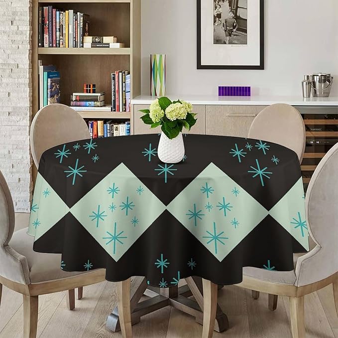 Retro Bohemian Mid Century Round Tablecloth, Abstract Modern Geometric Mid Century Tablecloth for Home Party Dining Room Kitchen Decor 60Inch(152cm)