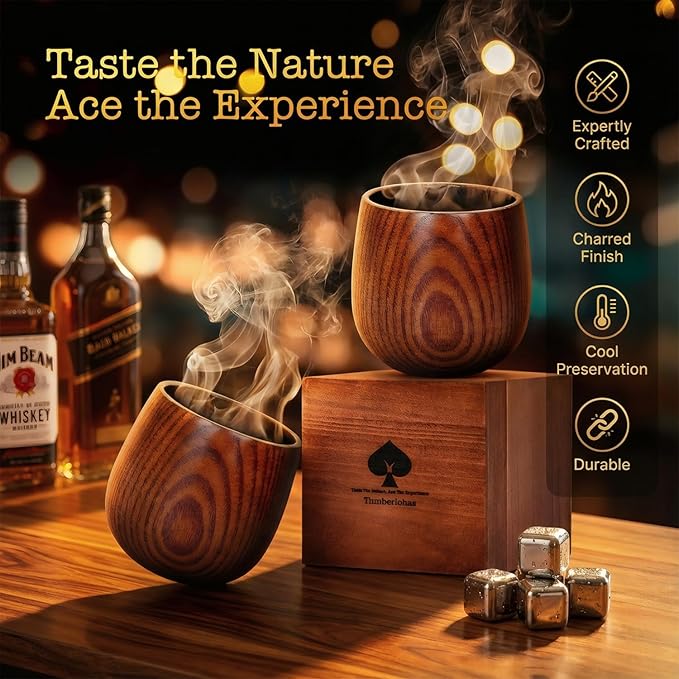 Charred Wooden Whiskey Glass Set – Durable Bourbon Glass for Men, Insulated Old Fashioned Glass – Whiskey Gifts for Husband, Dad, Brother – Birthday, Christmas, Father’s Day, Retirement