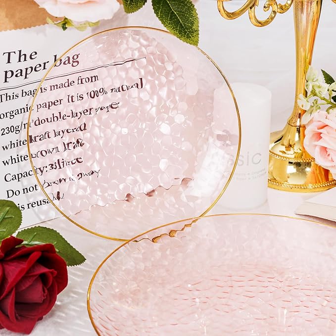 Rubtlamp 60 Pcs Pink Gold Plastic Plates, Gold Hammered Disposable Salad Plates, 7 Inch Disposable Dessert Platos, Plastic Dessert Appetizer Platos Perfect for Mother's Day