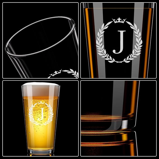 Personalized Beer Glasses Gifts for Men, 16 oz Pint Glasses Monogrammed A-Z Drinking Glass Cups Customized Gift, Unique Christmas Anniversary Birthday Gifts for Men Him Dad Brother Husband Grandpa (J)