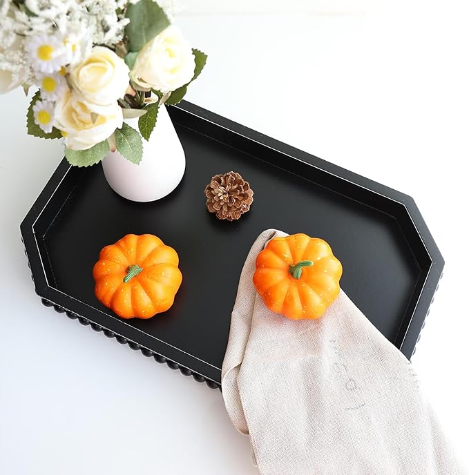 Wood Rustic Serving Tray with Beads, Farmhouse Black Decorative Tray for Table Centerpiece, Christmas Wedding Halloween Home Decor