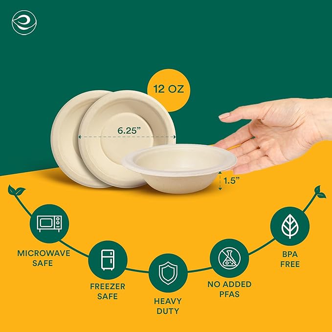 ECO SOUL 100% Compostable 12 Oz Soup Bowls [100-Pack] Disposable Sturdy Bowls I Heavy Duty Paper Bowl I Eco-Friendly Salad Bowl I Biodegradable Small