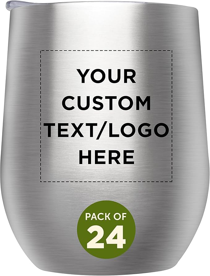 Custom Stemless Wine Glass Tumblers with Lids by Largo 11 oz. Set of 24, Personalized Bulk Pack - Perfect for Wine, Cocktails, Other Hot & Cold Beverages - Silver