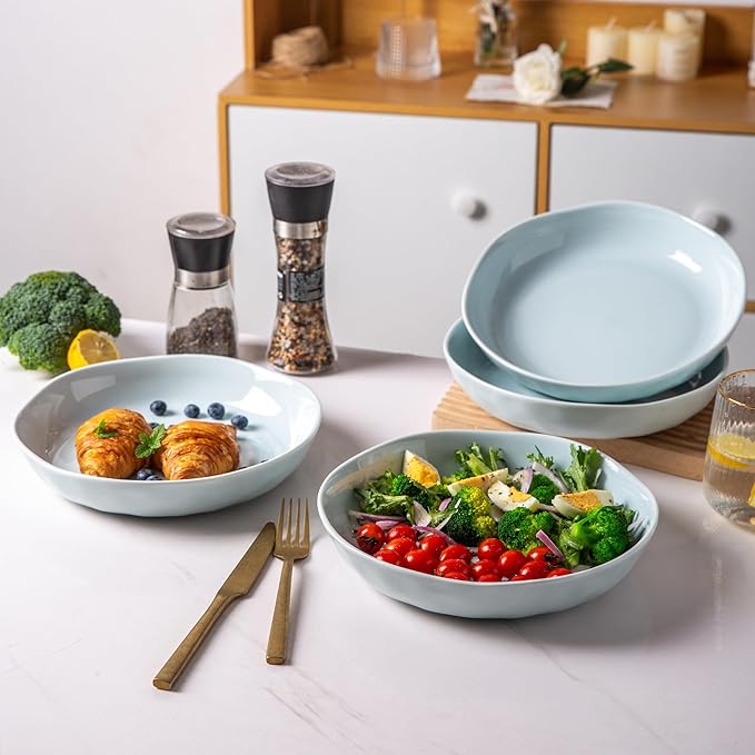 LERATIO 9.75 Ceramic Flat Pasta Bowls,Wavy Rim 38oz Large Wide Bowls Set of 4 for Kitchen,Modern Porcelain Stoneware pasta bowls,Dishwasher & Microwave & Oven Safe Bowls with for Pasta