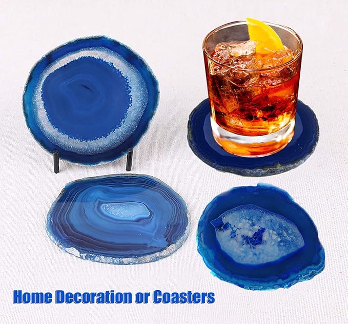AMOYSTONE Blue Agate Coasters Set of 4, 3-3.5 Inch Stone Coasters with Rubber Bumpers, Valentine's Day Gift for Her, Modern Coffee Table Decor, Birthday Present