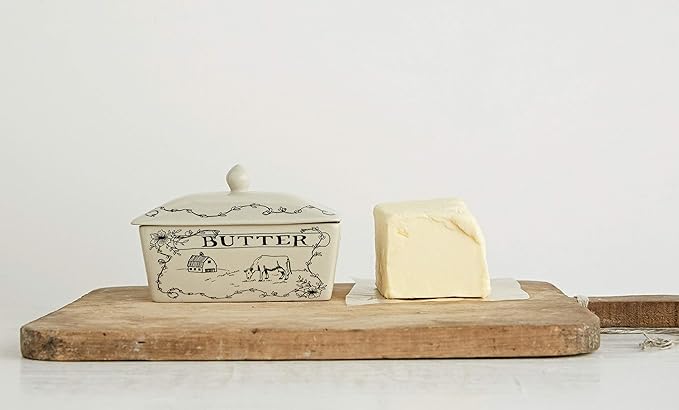 Creative Co-Op Country Stoneware Butter Dish with Lid, "Spread the Love" Message, and Farm Line Drawing, White and Black, Food, Microwave, and Dishwasher Safe