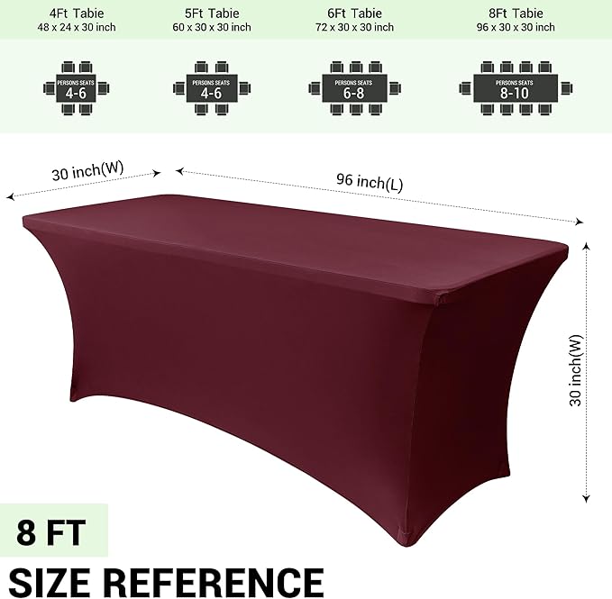 Obstal 6 Pack Stretch Spandex Table Covers for 8 Foot Tables - 8 FT Universal Rectangular Fitted Tablecloth Protector for Wedding, Banquet, Party, Wine Red, 96 Length x 30 Width x 30 Height Inches