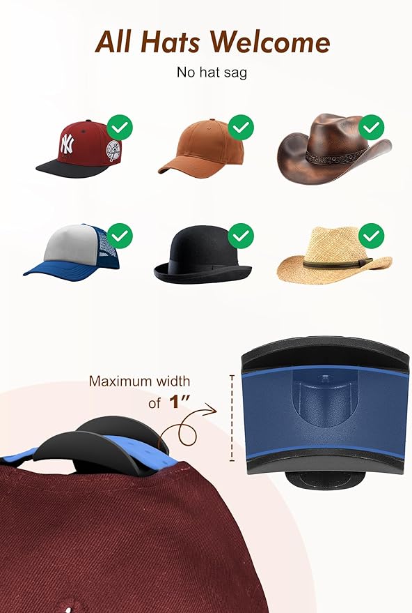 HOUSE DAY Adhesive Hat Hooks for Wall 8 Pack, Strong Hat Rack for Baseball Cap Display Organizer, Hats Holder for Wall, Door, Closet, No Drilling, Black
