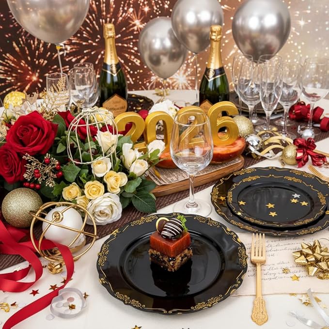 DaYammi 60PCS Black and Gold Plastic Plates, Heavy Duty Black and Gold Disposable Plates Premium 7.5 inch Dessert Cake Salad Appetizer Plate Hard Plastic Plate Disposable for Party Wedding