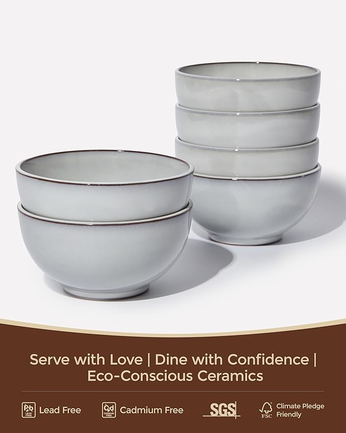 5.3" Cereal Bowls & Dessert Bowls Set of 6-20 Oz Small Bowls for Kitchen-Ceramic Bowl for Cereal, Soup, Oatmeal, Salad, Ramen, Noodle, Rice, Yogurt-Dishwasher & Microwave Safe, Moonstone White