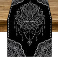 Lotus Flower Table Runner, Bohemian Ethnic Oriental Mandala Black White Floral by JanJCurt