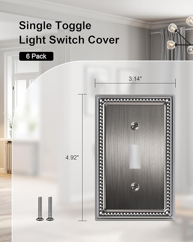 6-Pack Single Toggle Light Switch Cover Plate, Pearls Decorative Switch Plate Covers, Antique Silver 1 Gang Metal Wall Plate, Corrosion Resistant
