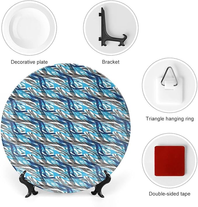 Ceramic Display Plate, Abstract Ceramic Hanging Decorative Plate, Modern Art Stripes Swirls Waves Trippy, 7 Inch, Living Room Kitchen Decoration Household, Grey Blue White
