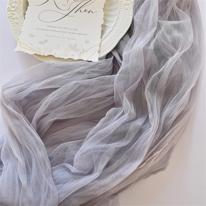 Joanlody Light Gray Cheesecloth Table Runner Spring Easter 10Ft Rustic Gauze Boho Cheese Cloth Table Runner for Wedding Bridal Baby Shower Decoration