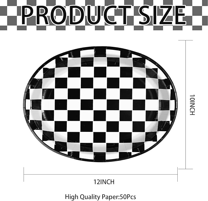 Grencian 50Pcs Black & White Gingham Oval Paper Plates Checkered Party Plates 10" X 12" Disposable 400GSM Race Car Dessert Dinnerware for Racing Car Party Supplies Birthday Baby Shower Decorations