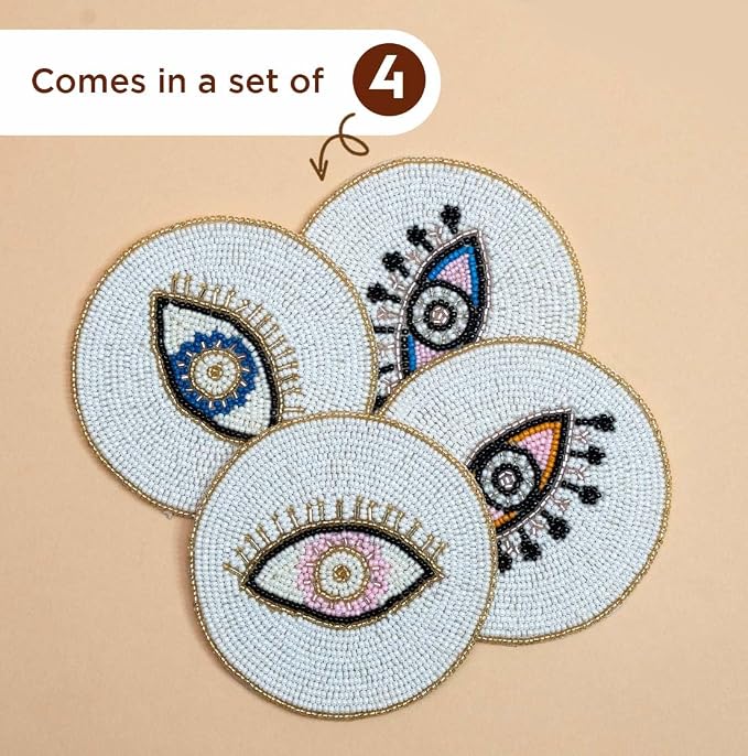 Folkulture Coasters Set of 4 | Beaded Hand-Crafted Evil Eye 2.0 Handmade Boho - Image 2