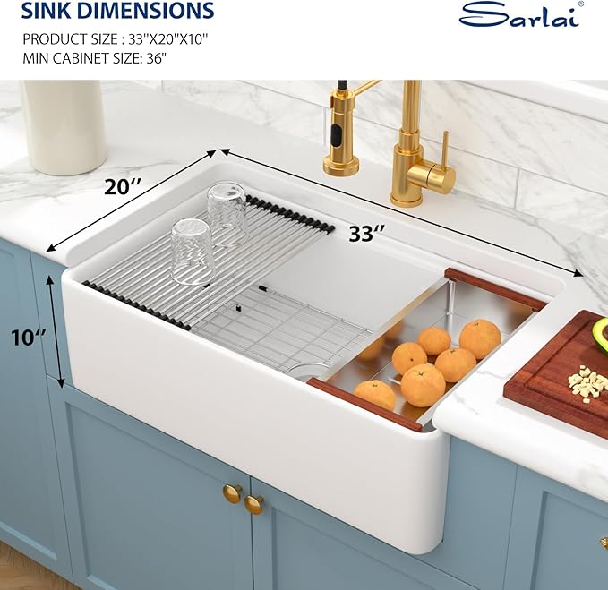 Sarlai 33 White Farmhouse Kitchen Sink - 33 x 20 Inch Farm Kitchen Sink Ledge Workstation White Ceramic Porcelain Fireclay Farmer Sinks Single Bowl Basin