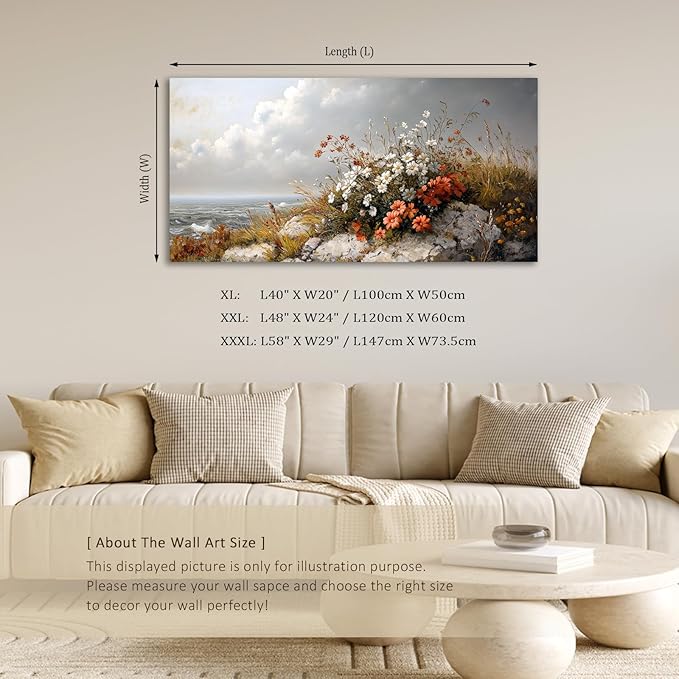 ADJUVANT Wall Art Vintage Coastal Floral Scene 40"L x 20"W, Seaside Wildflowers By The Ocean Canvas Painting Nature Artwork Coastal Blooms Prints Botanic Decor for Living Room Bedroom Bathroom Home Office