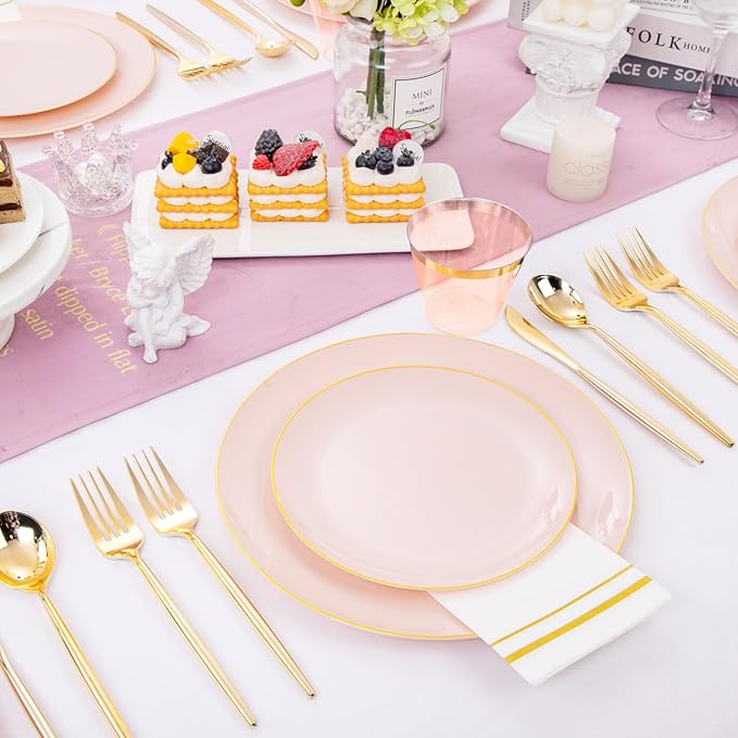 MirthMood 210PCS Pink Plastic Plates with Gold Rim – Plastic Plates Set Includes 30 Dinner,30 Dessert Plate,30 Cup&30 Napkins 90 Gold Silverware for Wedding&Birthday Parties&Valentine's Day