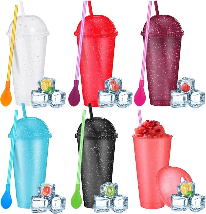 6 Set Slushie Cups with Dome Lids and Straws Detachable Spoon Straws Reusable by Unknown