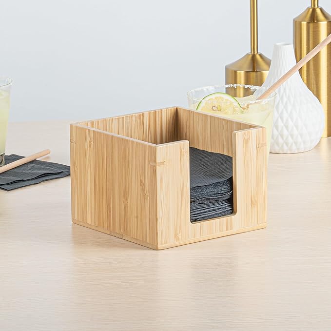 5.5 x 4 Inch Cocktail Napkin Holder, 1 Square Flat Napkin Holder - For Bars, Kitchen Tables, or Countertops, Sturdy, Natural Bamboo Tissue Napkin Holder, Dining Room Decor - Restaurantware