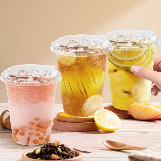 12 oz 50 Pack Clear Plastic Cups with Lids, Sturdy Iced Coffee Cups with Sip Lids, Disposable Food Safe Smoothie Cup for Cold Drinks, Juice, Milkshake