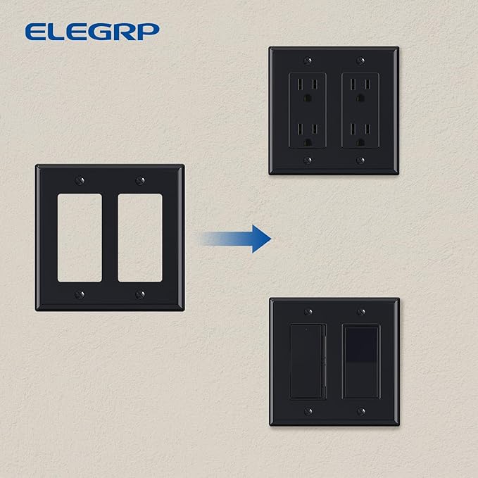 ELEGRP 2-Gang Decorative Wall Plates, Standard Size 4.53" H x 4.57" L Unbreakable Thermoplastic Faceplate Cover for Decorator Receptacle Outlet Switch, UL Listed (2 Pack, Glossy Black)