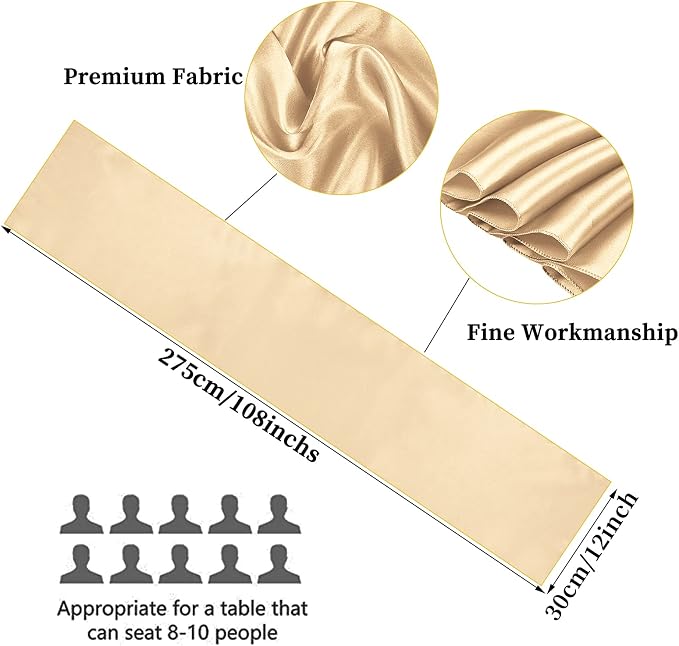 10-Pack Champagne 12 x 108 inches Long Premium Satin Table Runner | Wedding - Image 2