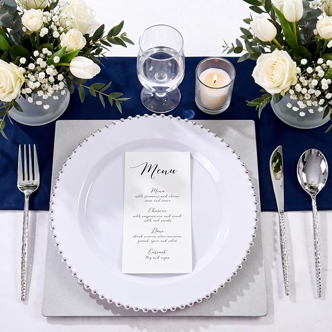 100Pcs White Plastic Dinner Plates Beaded Silver Plastic Plate Set | Heavy Duty - Image 4