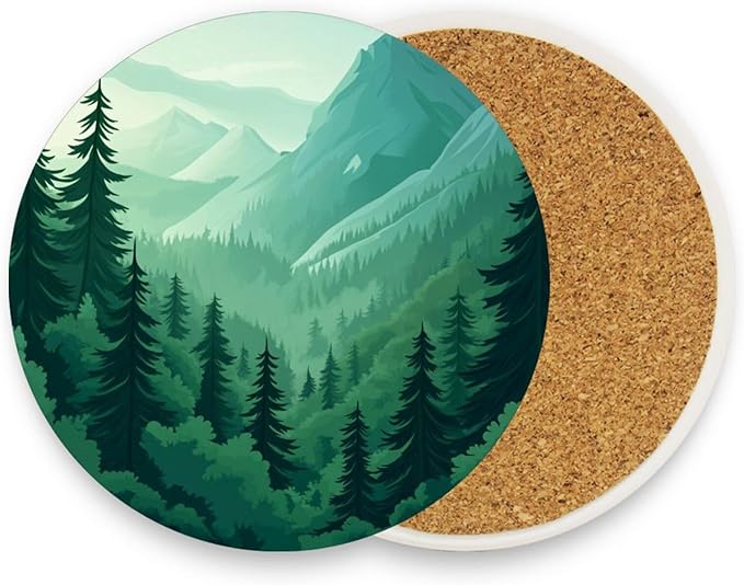 Coasters for Drinks Coaster Drink Set Decorative Coffee Table Desk Cup Mat Spring Cute Cork Bar Backing Round Home Decor Mountain Forest Trees Green07