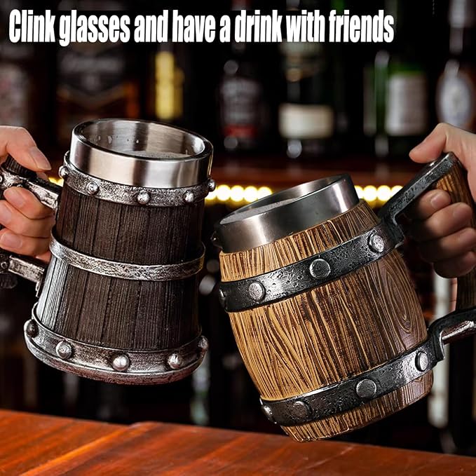 Nordic Viking Mug, pirate Beer Cup, Wooden Barrel Beer Mug Stainless Steel Liner - Image 4