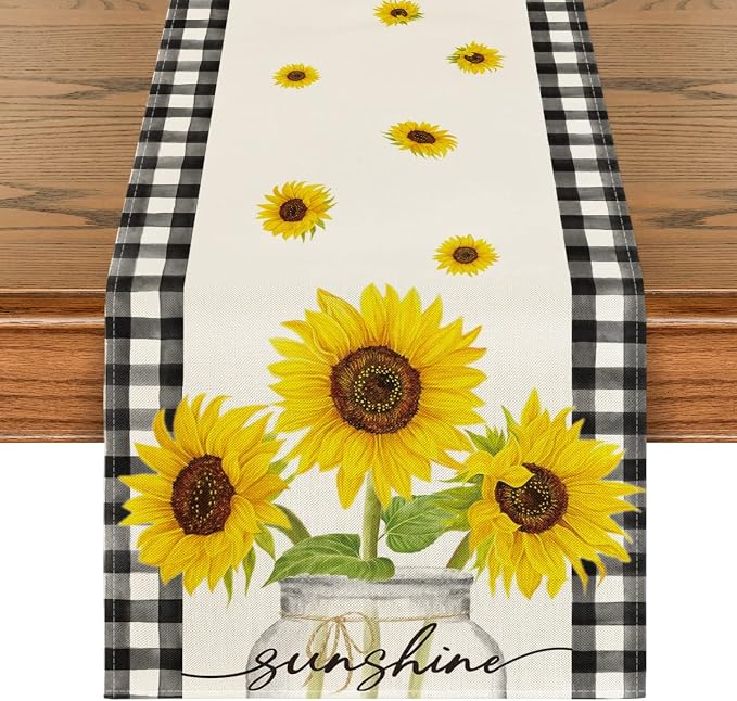 Artoid Mode Buffalo Plaid Sunflower Vase Sunshine Summer Table Runner, Spring by ArtoidMode
