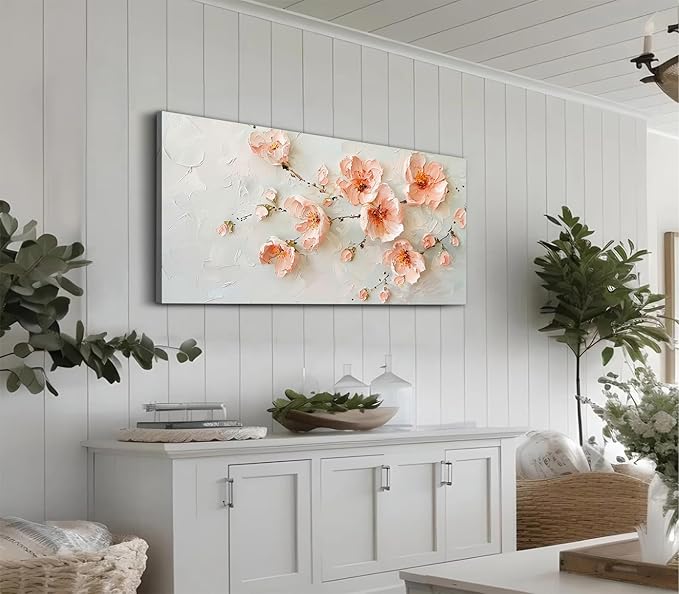 ADJUVANT Wall Art Impressionist Pink Floral 60"L x 30"W, Cherry Blossoms Canvas Painting Soft Petals Artwork Pastel Tones Prints Spring Flowers Wall Decor for Living Room Bedroom Bathroom Home Office