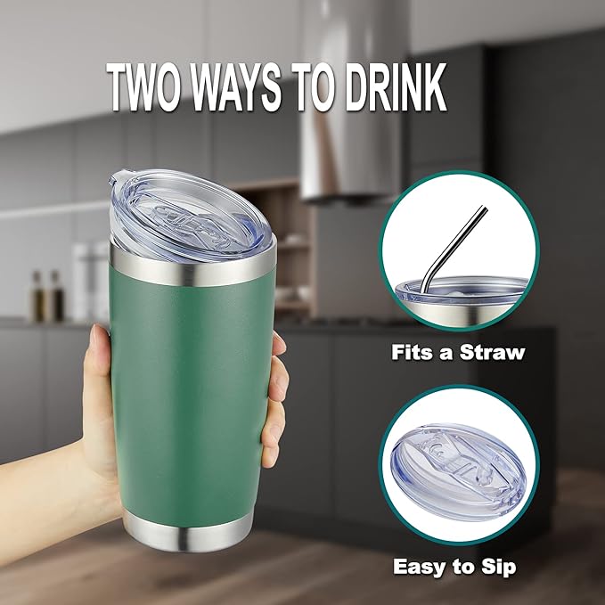 COMOOO 20oz 8 Pack Tumbler Double Wall Vacuum Insulated Coffee Travel Mug Stainless Steel Tumbler Bulk with Lid and Straw Insulated Coffee Cup for Cold & Hot Drinks (dark green, 8 Pack)