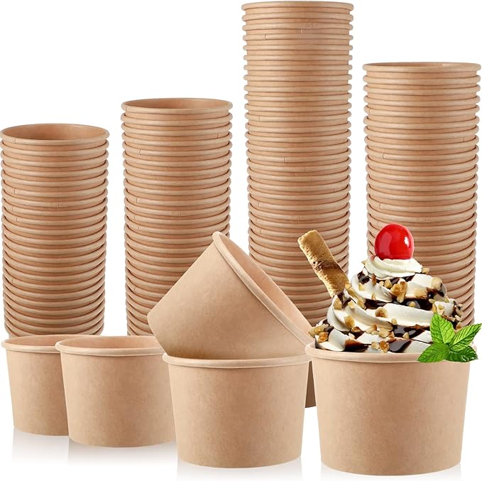 Honeydak 100 Pieces Ice Cream Soup Cups Paper 8 oz Disposable Sundae Bowls Kraft Paper Hot Cold Snack Yogurt Dessert Small Cups for Ice Cream Baby Shower Party Supplies, Brown Disposable Bowls