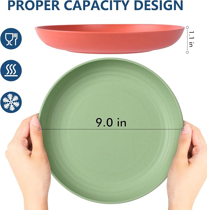 HOTEC 8-Pack 9inch BPA Free Unbreakable Deep Dinner Plates, Wheat Straw Plastic - Image 2