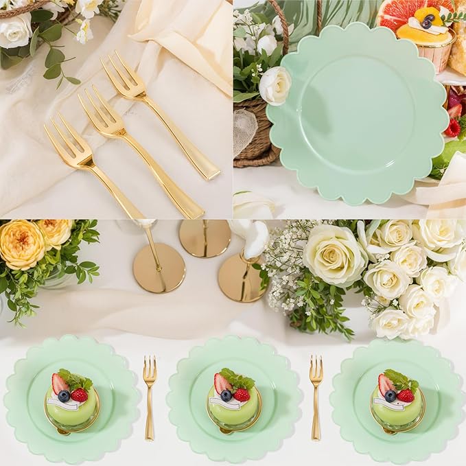 LIYH 200 Pcs Sage Green Plastic Disposable Plates and Gold Forks 7.5 Inch Scalloped Dessert Appetizer Plates, Cake Forks 5" for Wedding Party