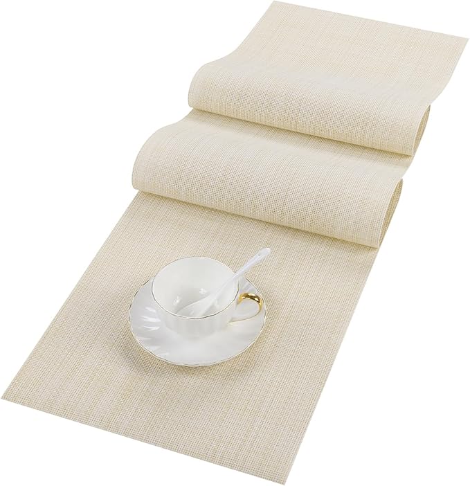 SHACOS Woven Vinyl Table Runner PVC Table Runners 12 x 54 inch Wipeable Plastic Heat Resistant Runner for Table Indoor Outdoor, Beige White