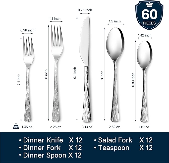 KINGSTONE Hammered Silverware Set, 60-Piece Flatware Set, 18/10 Stainless Steel Premium Cutlery with Unique Ripple Handles Design Mirror Polished - Dishwasher Safe