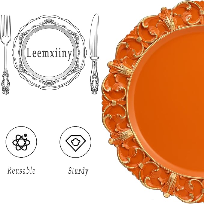 Orange Charger Plates Set of 6, Decorative Table Plastic Chargers for Dinner Plates, Party, Wedding, Thanksgiving, Christmas, FD15O