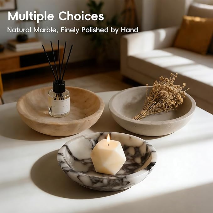 Marble Fruit Bowl for Kitchen Counter - Decorative Serving Bowl with Gray Travertine Design, Modern Home Decor (7.8 Inch)