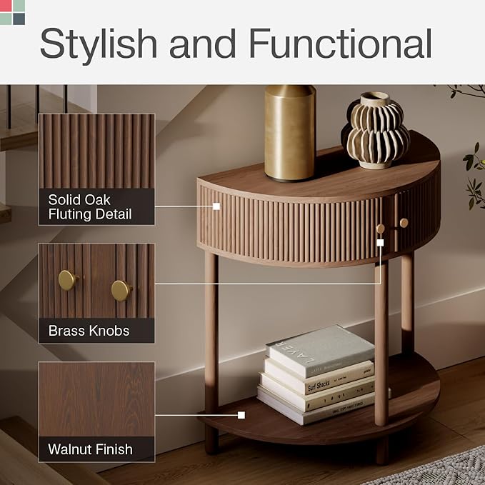 Fluted Half Moon Shaped Console Table - Small Entry Desk - Living Room Furniture - Modern Home Decor - Solid Wood Entryway Table with Two Doors and Brass Knobs (Walnut)