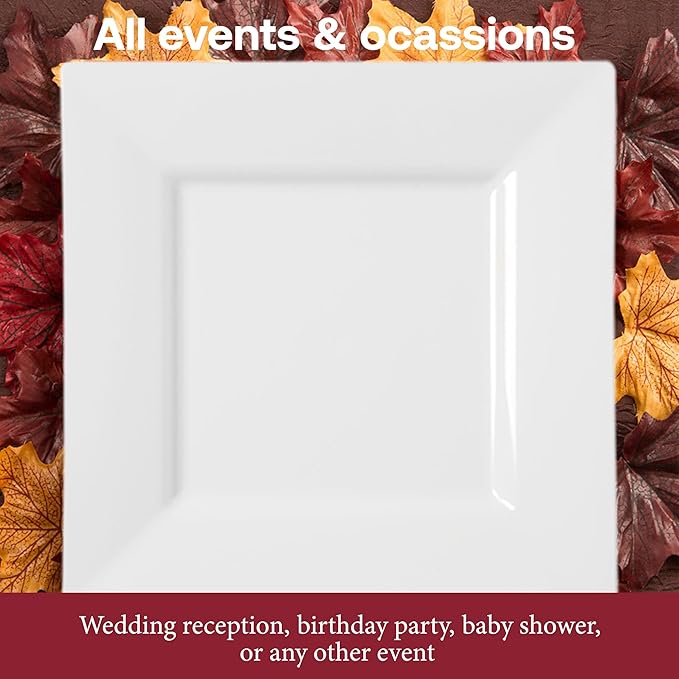 Smarty Had A Party 120 Elegant Disposable Plastic Dinnerware, 9.5" Fancy Square White Plates for Parties and Events, Heavy Duty