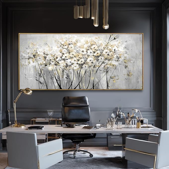 VAYIMDH White and Gold Canvas Wall Art Flower Photo Prints Vintage Wood Wall Decor 40"x86" Kitchen Artwork Pictures for Bedroom