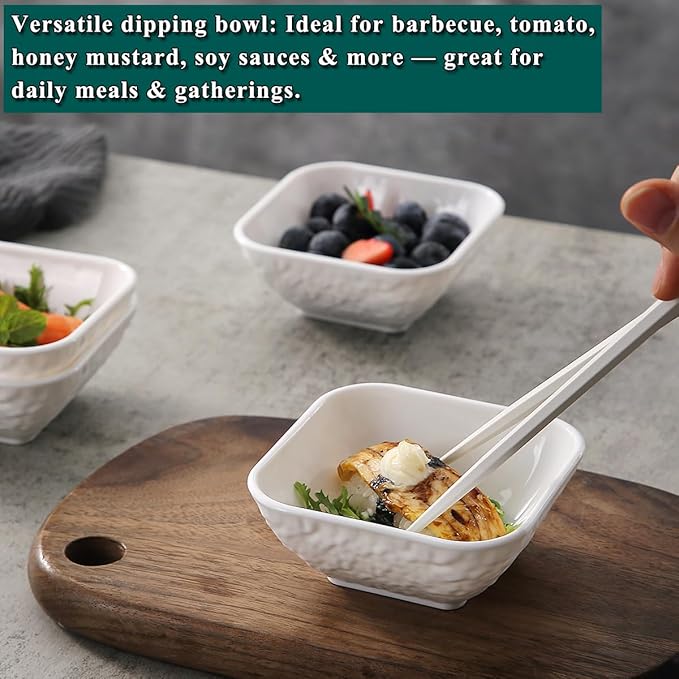 Kyraton Dip Bowls Set 6pcs 6oz, White Plastic Dipping Bowls Soy Sauce Plate for Side Dishes, Condiment Server for Tomato Sauce, Ketchup, Vinegar, BBQ and Party Dinner, Mini Appetizer Plates.