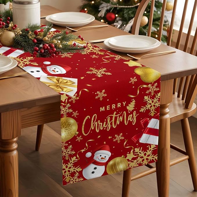 Merry Christmas Table Runner 108 Inches Long, Xmas Balls Snowman Snowflake - Image 3