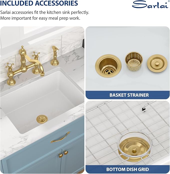Sarlai 30 Inch White Undermount Kitchen Sink - Large Kitchen Sink Drop In 30"x18"x10" Dual Mount White Sinks Topmount Single Bowl Fireclay Basin with Custom Accessories