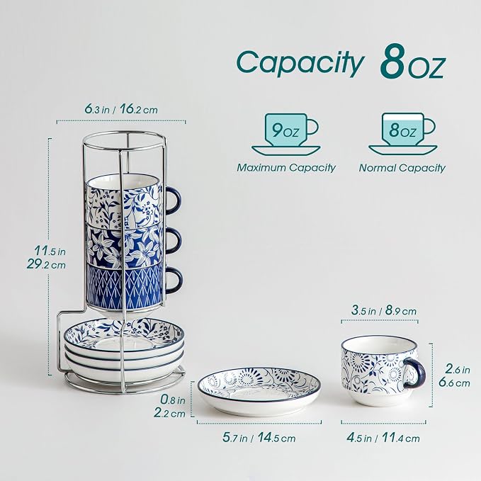 vancasso 8 OZ Cappuccino Cups Set of 4, Porcelain Stackable Espresso Cups | - Image 2