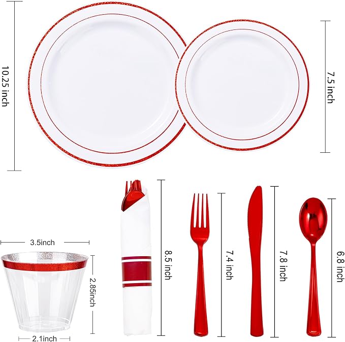 WELLIFE 210 Piece Red Plastic Dinnerware Set, Disposable Plates - Image 2