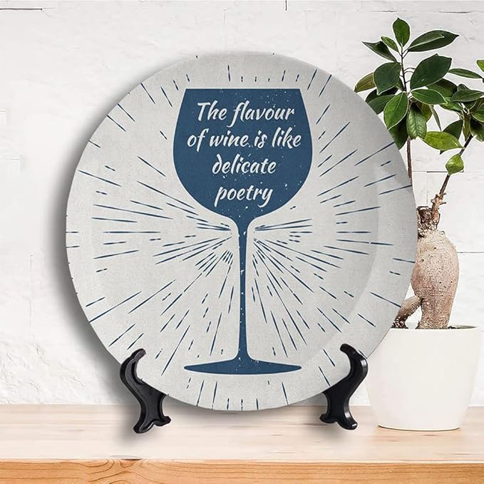 Ceramic Display Plate, Wine Ceramic Hanging Decorative Plate, Wine Glass and Vintage Sun Burst Frame, 10 Inch, Household Custom Ceramic Plate, Night Blue White